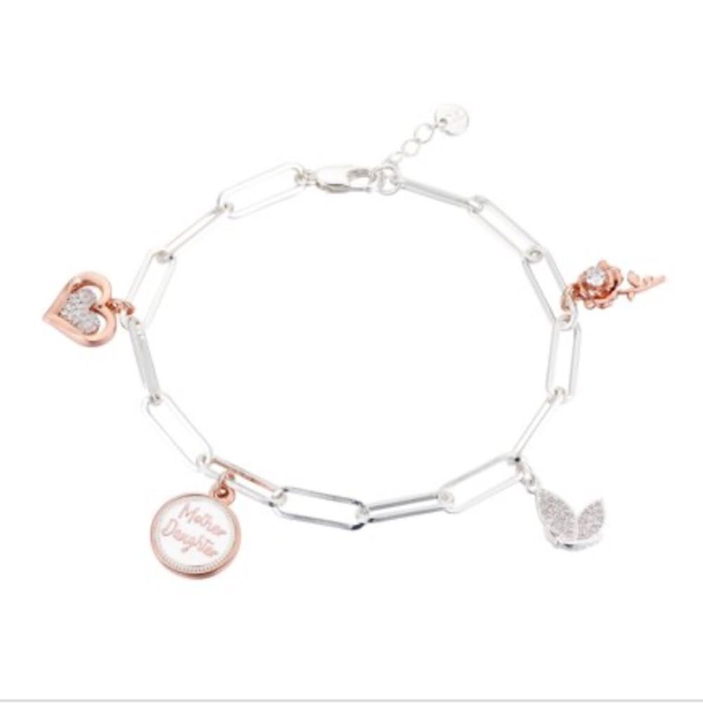 Unwritten Genuine Pave Crystal Heart,Flower and Leaf Bracelet - Silver